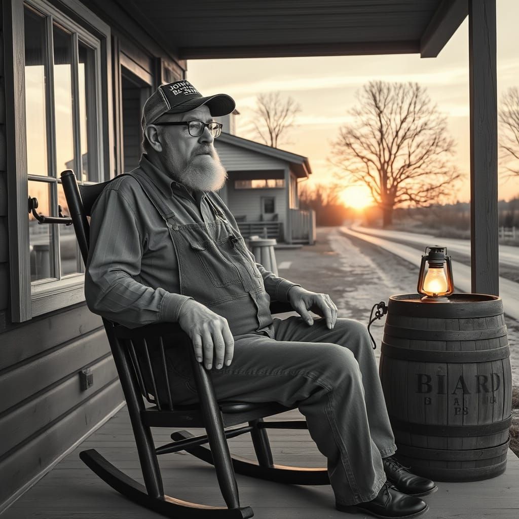 Vintage-Style Gentleman on Porch Rocking Chair