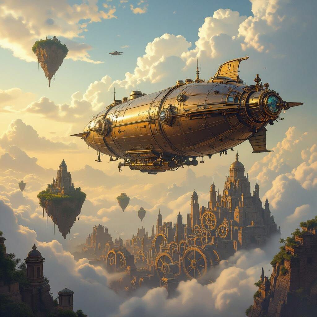 Steampunk Airship Soaring Through Floating Islands