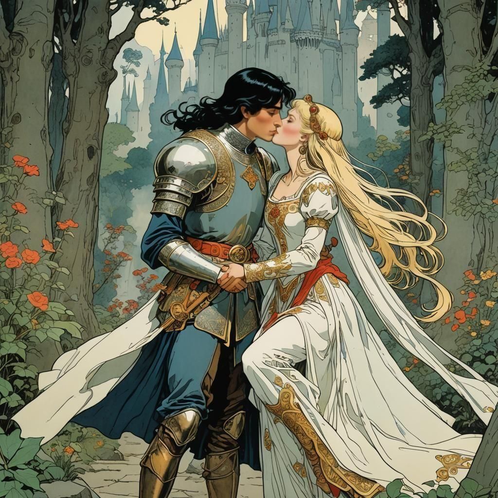 A knight with black hair kissing a beautiful blonde princess...