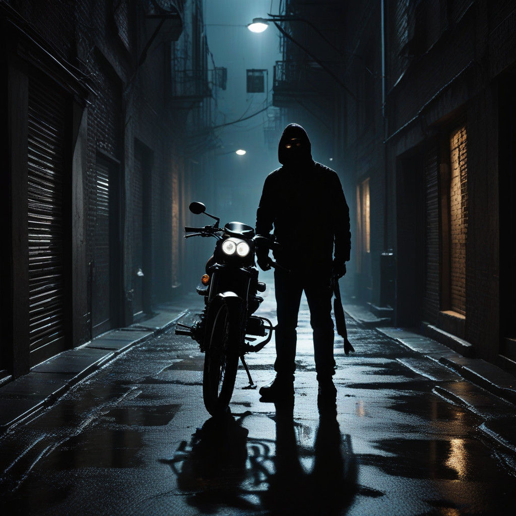 Gritty Masked Man in Dark Alleyway, High Contrast Film Still