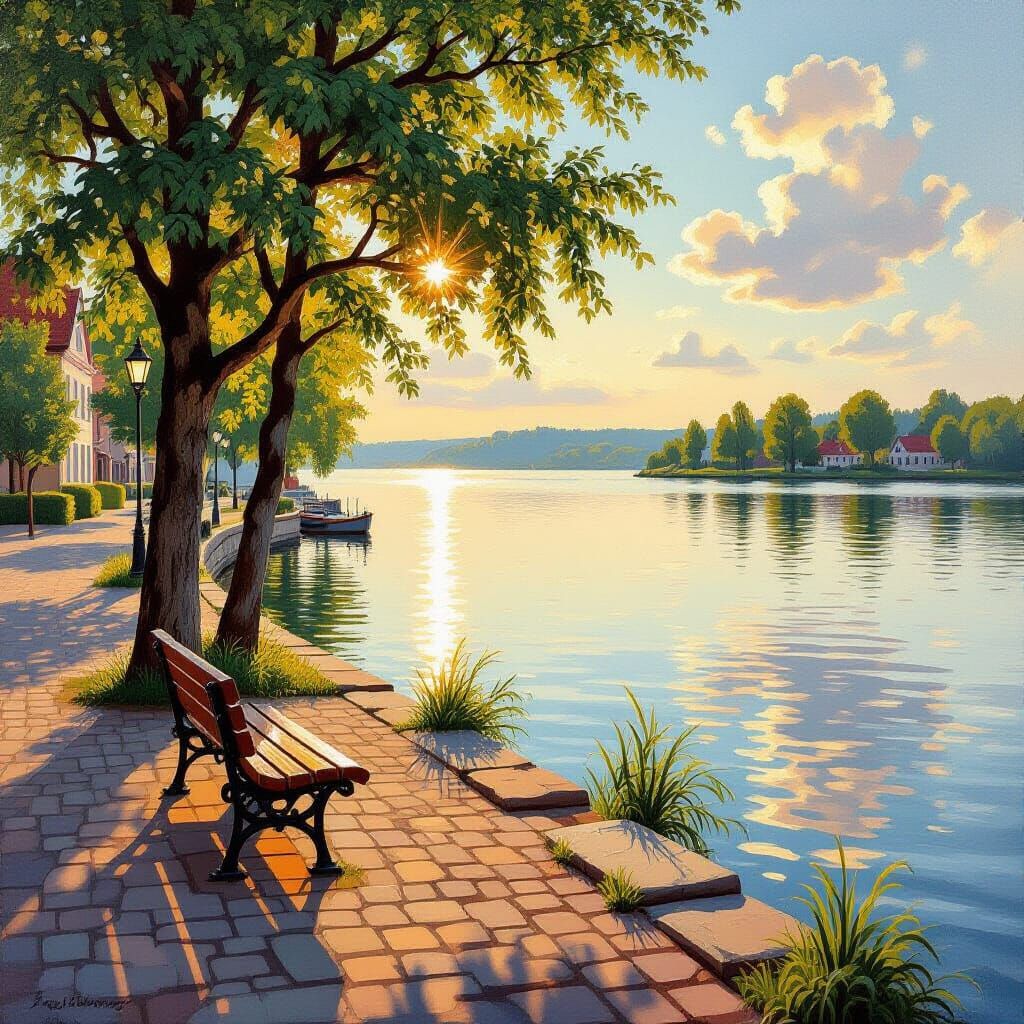 Idyllic Lakeside Spot with Tree and Bench