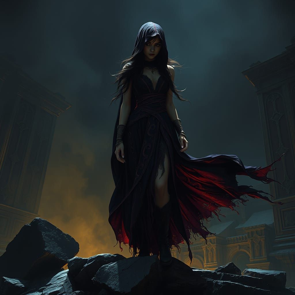 Dark Fantasy Heroine in Tattered Attire, Summoning Shadows