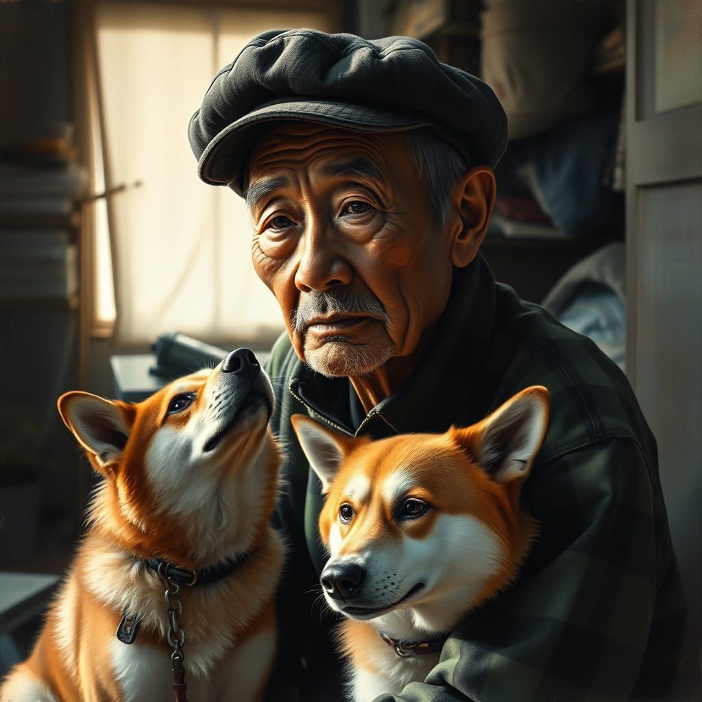 Elderly Japanese Man and His Faithful Akita