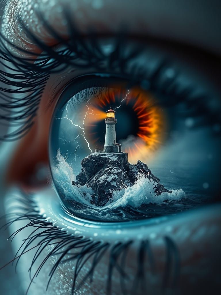 Surreal Lighthouse Reflected in a Human Eye