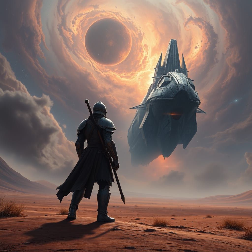 Lone Warrior Faces Cosmic Ship in Hyper-Realistic Sci-Fi Art