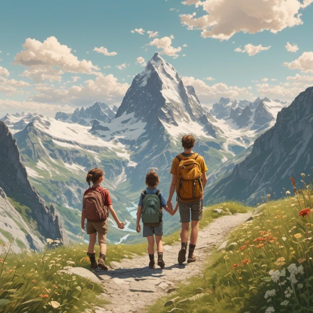 Holding hands <lora:Animation:1.0> family hiking in the Swis...