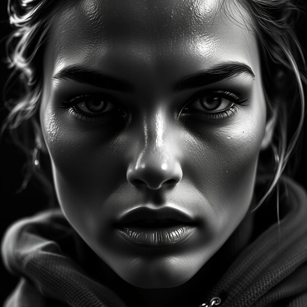 High-Fashion B&W Portrait in Gritty Film Noir Style