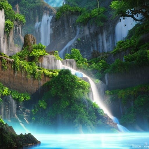 Majestic Waterfall in Mountain Landscape: Detailed Matte Pai...