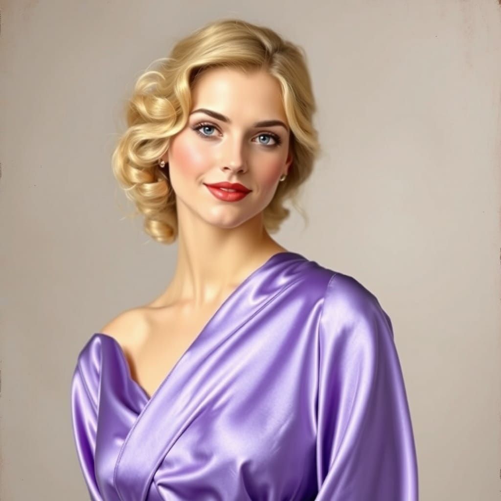 Elegant Blonde Woman in Light Violet Satin Gown