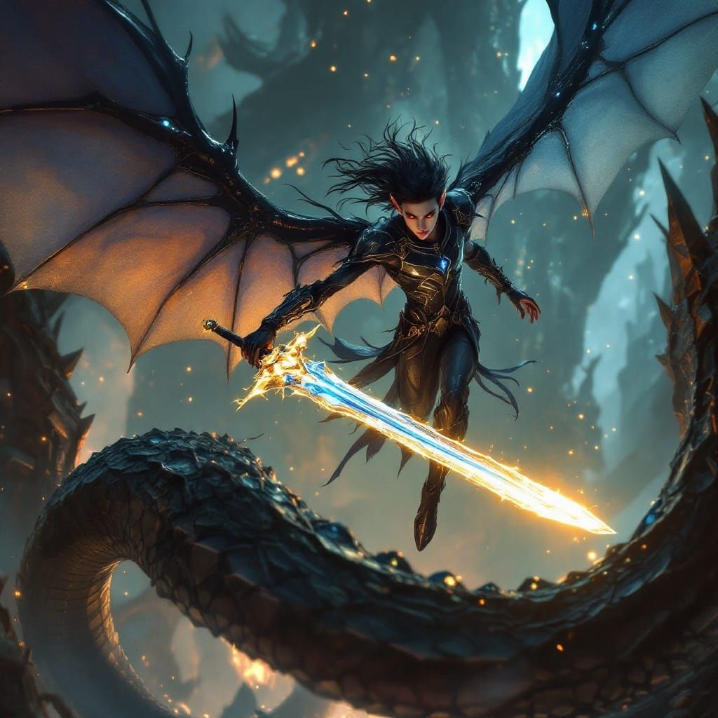 Dark Elf Warrior Hovers Over Cobra and Futuristic Machine