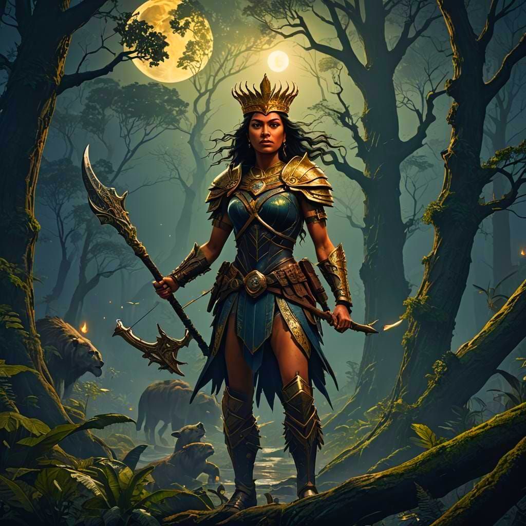 Amazon Queen Hunting by Moonlight: Fantasy Concept Art