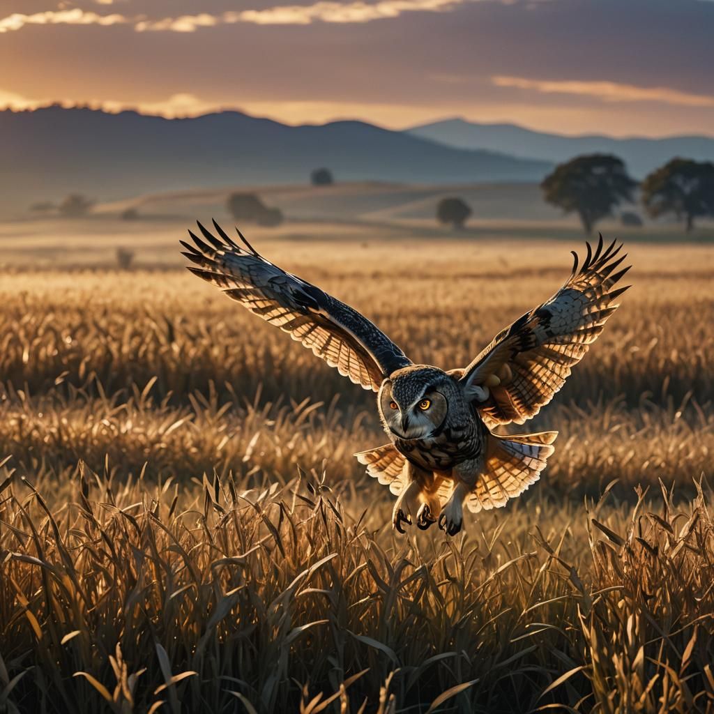 Owl Hunting at Dusk: Silhouetted Against Golden Light
