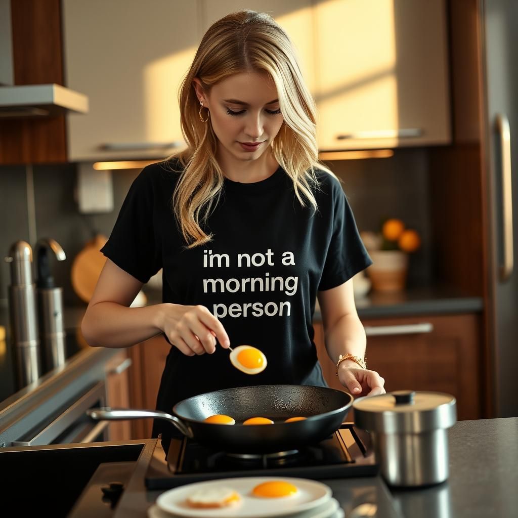 Blonde Woman Cracking Eggs in Modern Kitchen