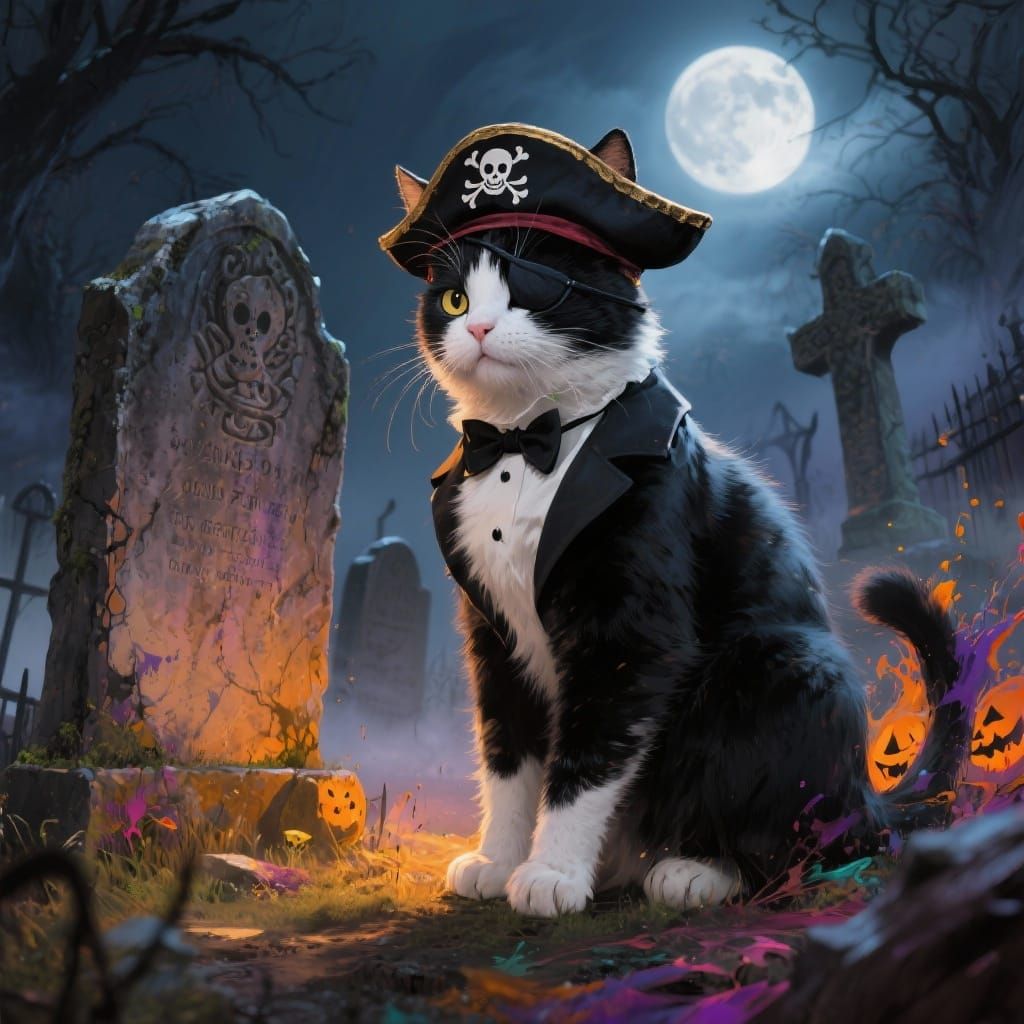 Tuxedo Cat Pirate in Spooky Graveyard Halloween Portrait