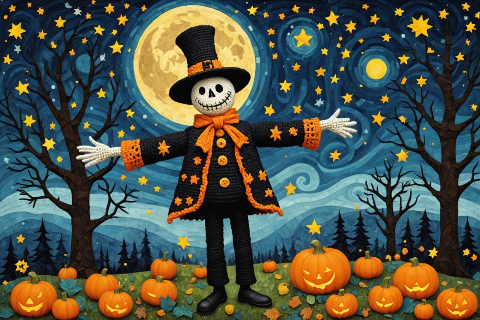 Halloween Scarecrow in Cubist Style with Starry Sky