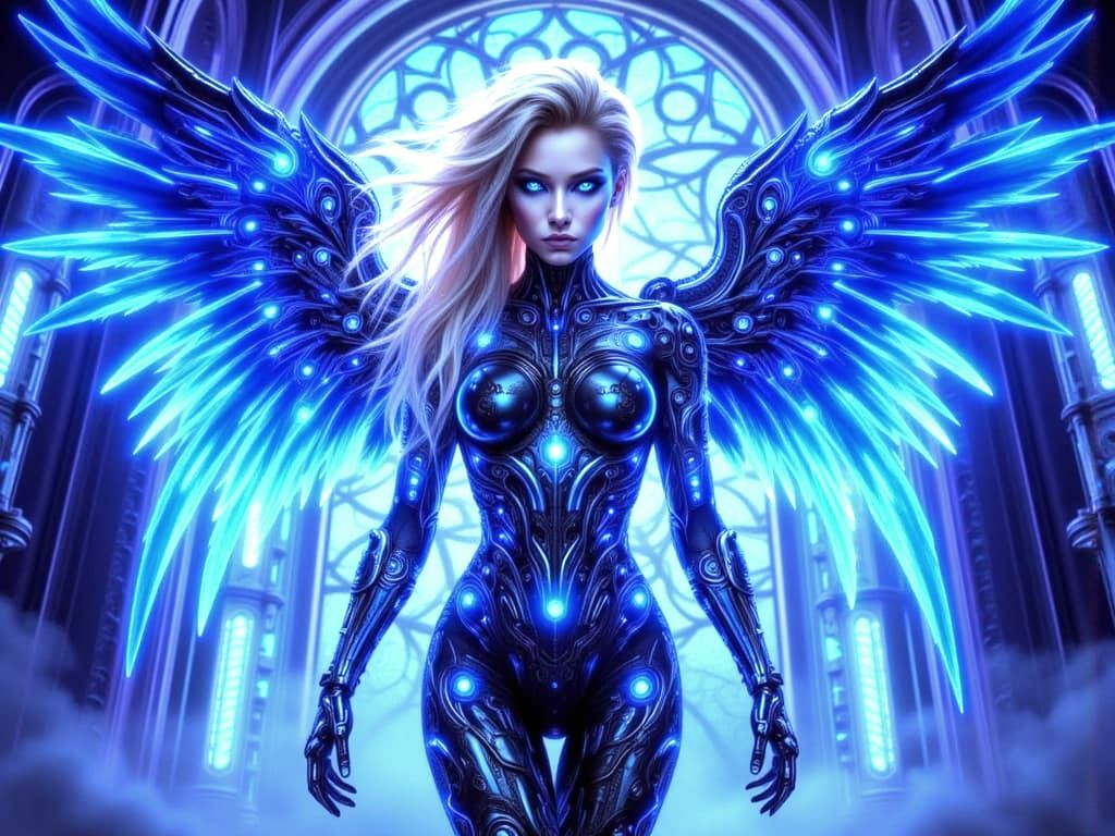 Cyberpunk Angel in Digital Fantasy World