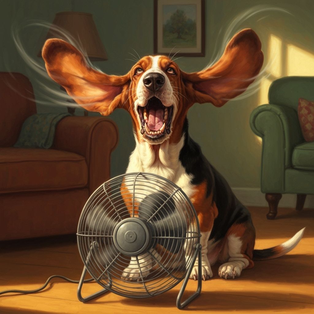 Basset Hound Enjoys Fan in 1940s Living Room