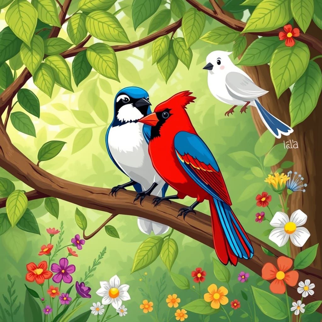 Birds in Forest: Whimsical 2D Cartoon