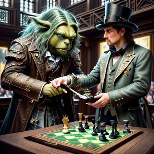 Steampunk Yoda and Solarpunk Chewbacca Play Chess
