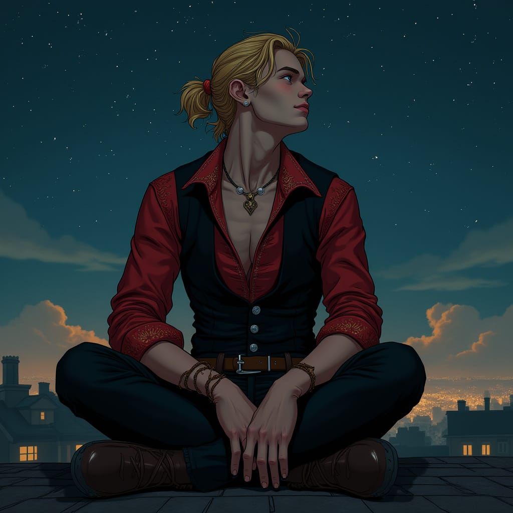 Mysterious Young Man Stares Up at the Starry Night Sky in Mo...