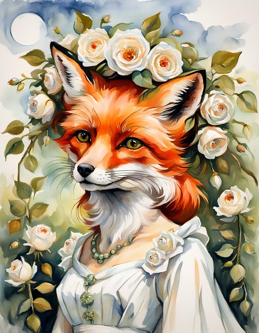 Fox Woman with Rose Wreath in Gouache Style