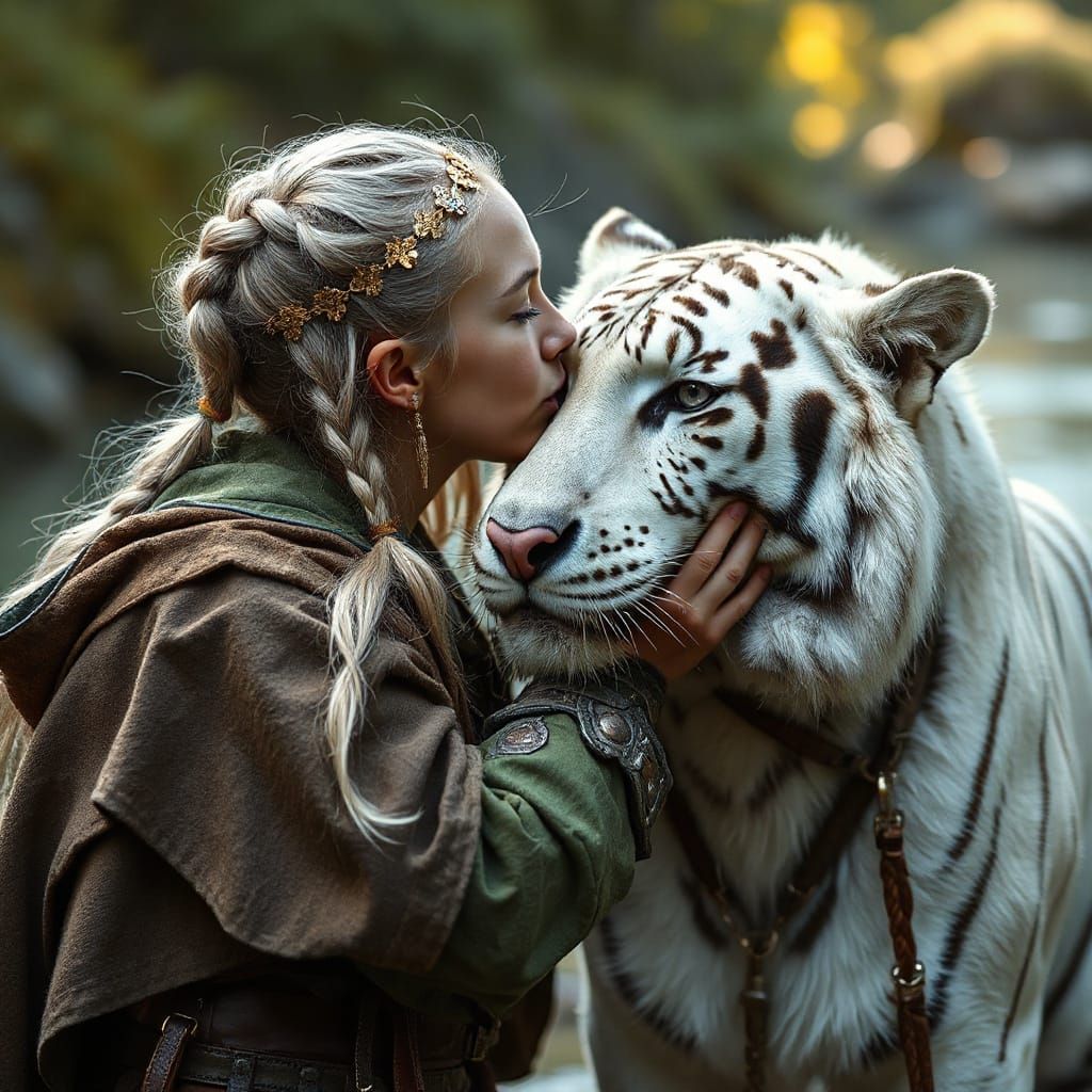 Ranger and White Tiger in Medieval Fantasy Style