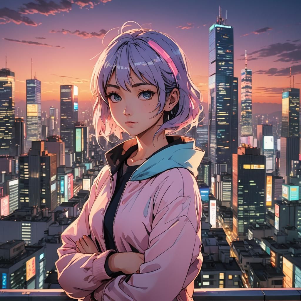 Anime Girl Portrait in Vibrant Cityscape Style