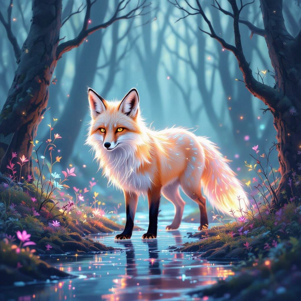 Ethereal Spirit Fox in Bioluminescent Forest