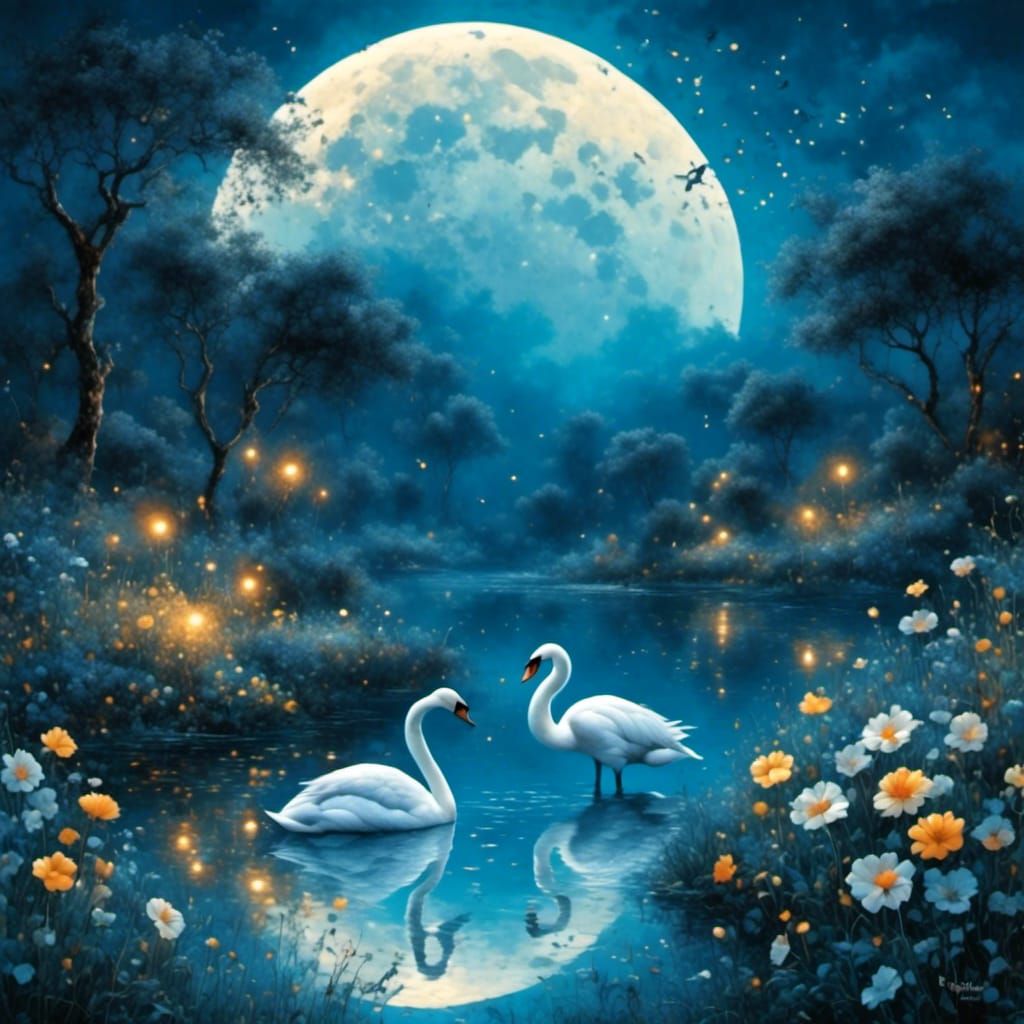 Moonlit Garden with Swans and Blue Moon