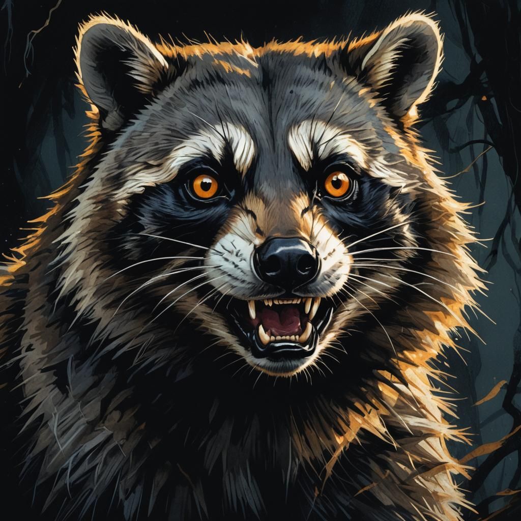 Sinister Raccoon Plotting Mischief in Dark Fantasy Style