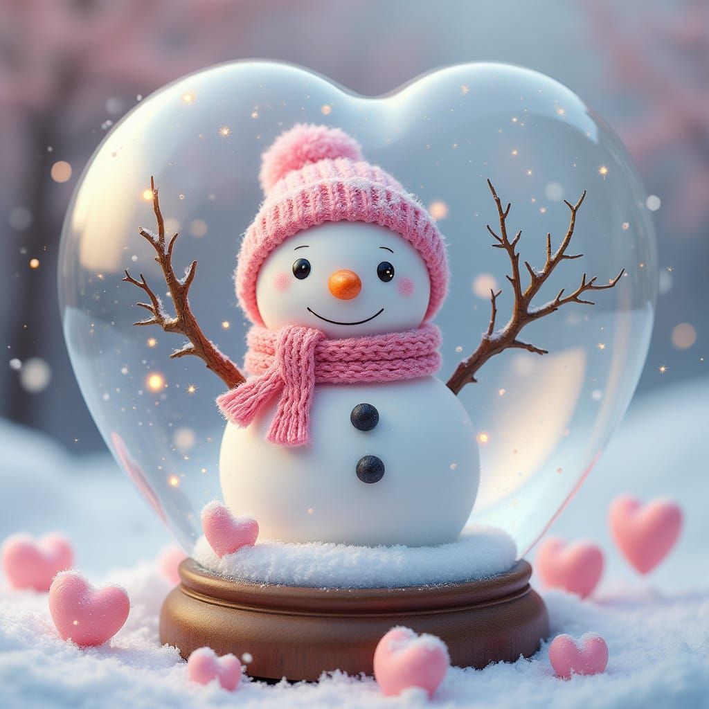 Whimsical Heart-Shaped Snow Globe Scene in Vibrant Winter Wo...