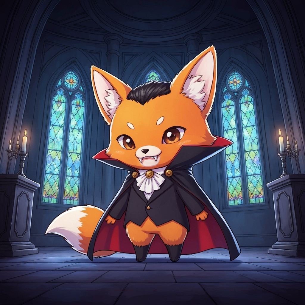 Cute Chibi Fox Dracula in Gothic Castle Anime Style