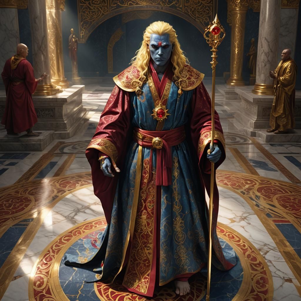 Blue-Skinned Mage with Ruby Staff in Digital Art