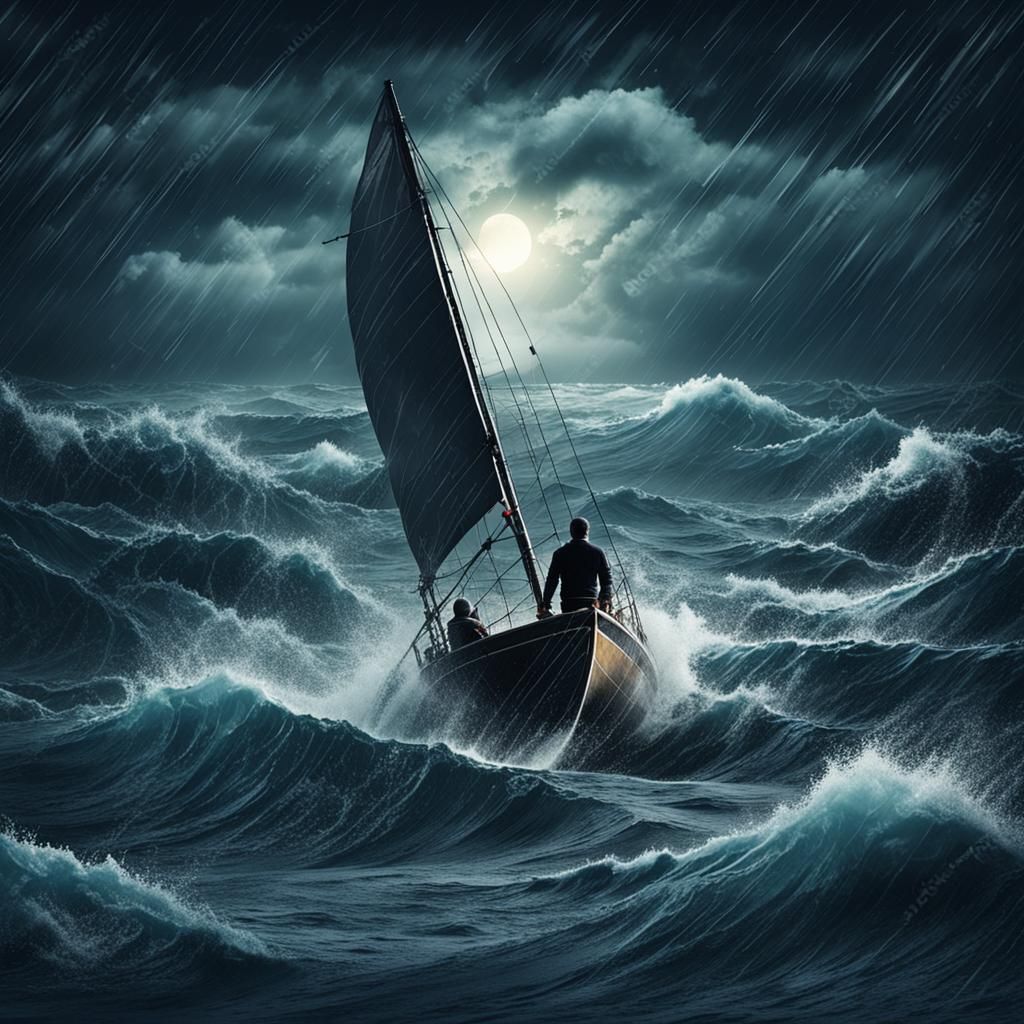 Sailor Battles Stormy Ocean at Night