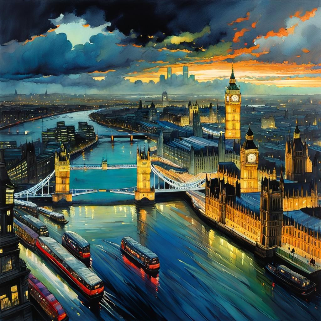 London at Dusk: Watercolour Fantasy Masterpiece