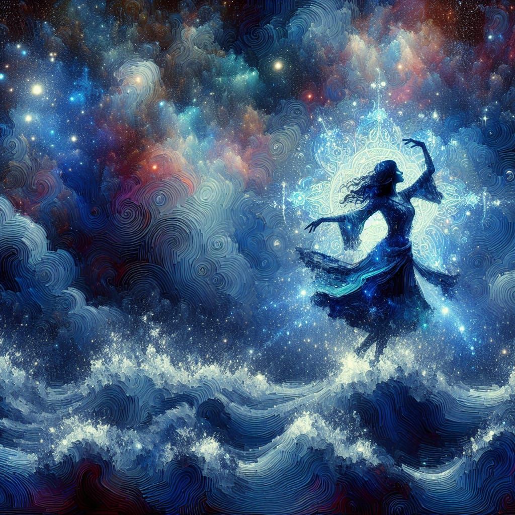 Woman dancing in dark blue waves under celestial sky