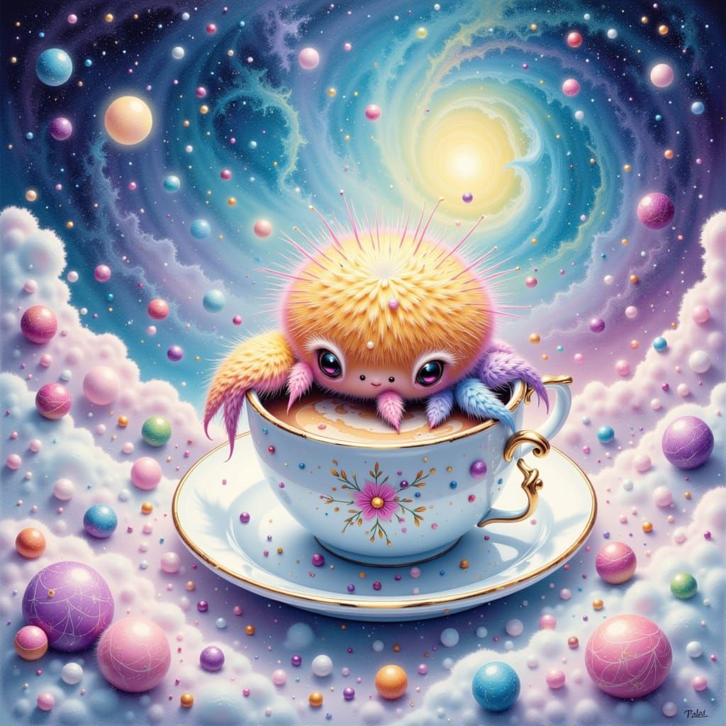 Fluffy Tardigrade Sails Cosmic Latte Art World in Watercolor...