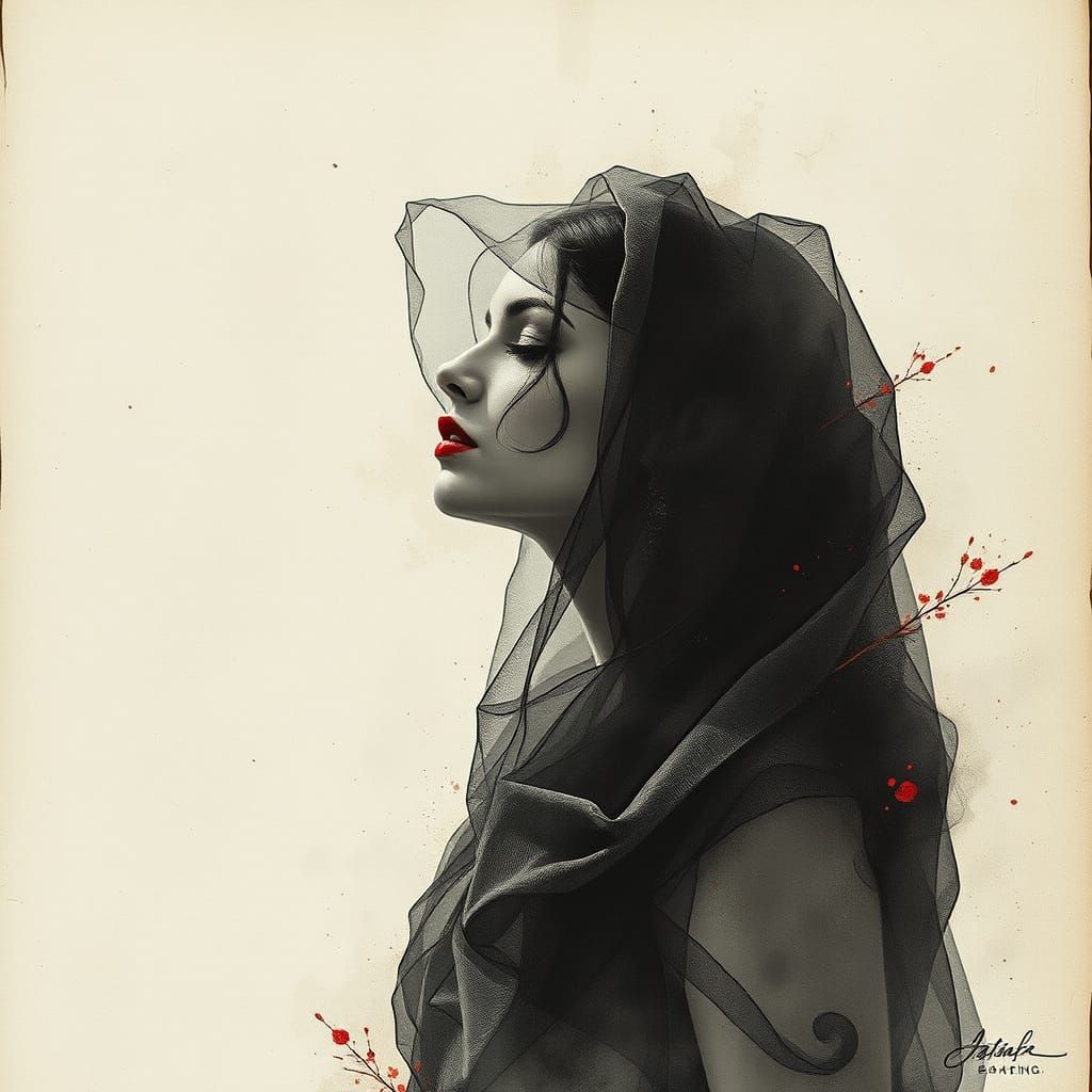 Contemplative Woman on Parchment, Ink Wash Style