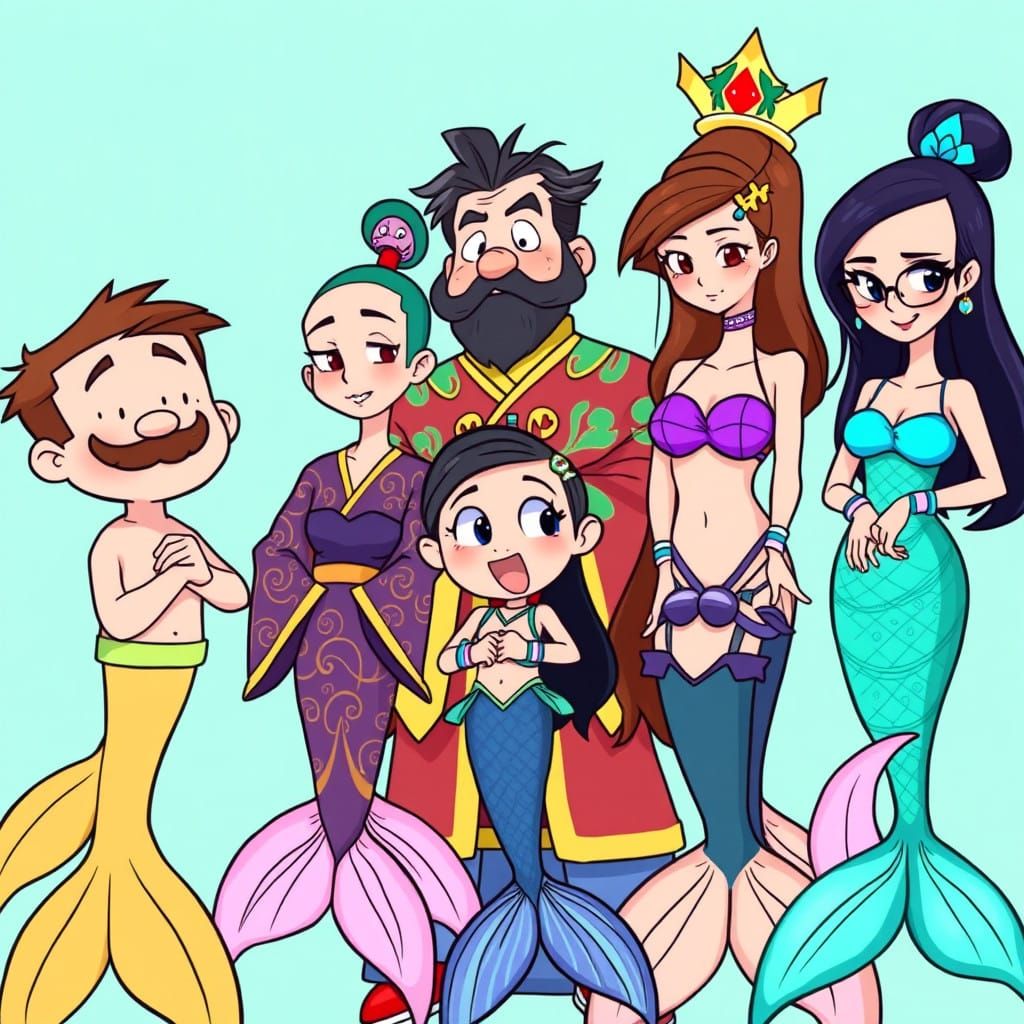Vibrant Japanese Merfolk in Exaggerated Cartoon Style