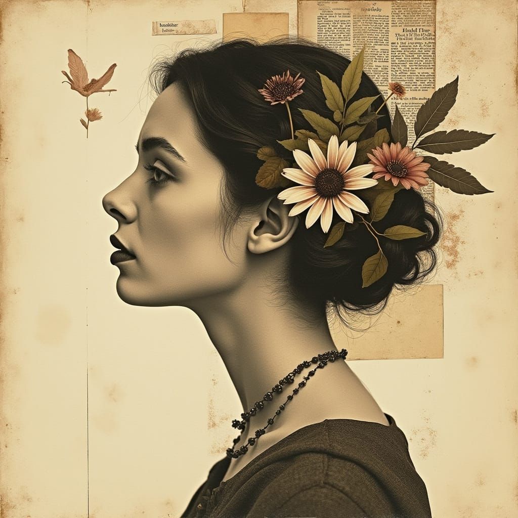 Vintage Collage Style: “Retro collage of a woman in profile,...