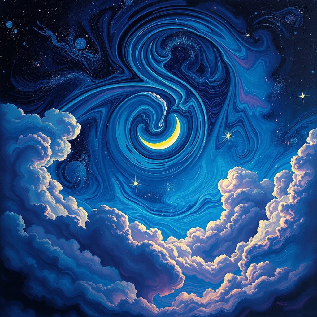 Dreamlike Starry Night Scene with Glowing Crescent Moon