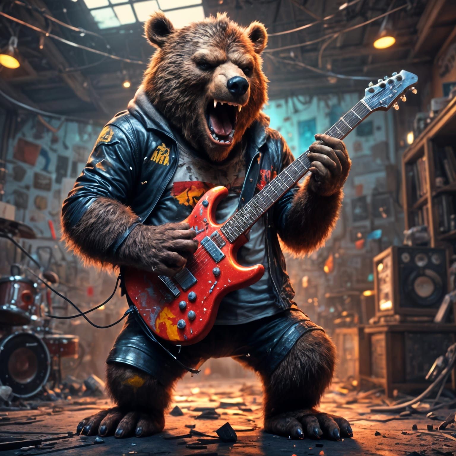 Punk Rock Angry Bear Plays Guitar, Digital Painting