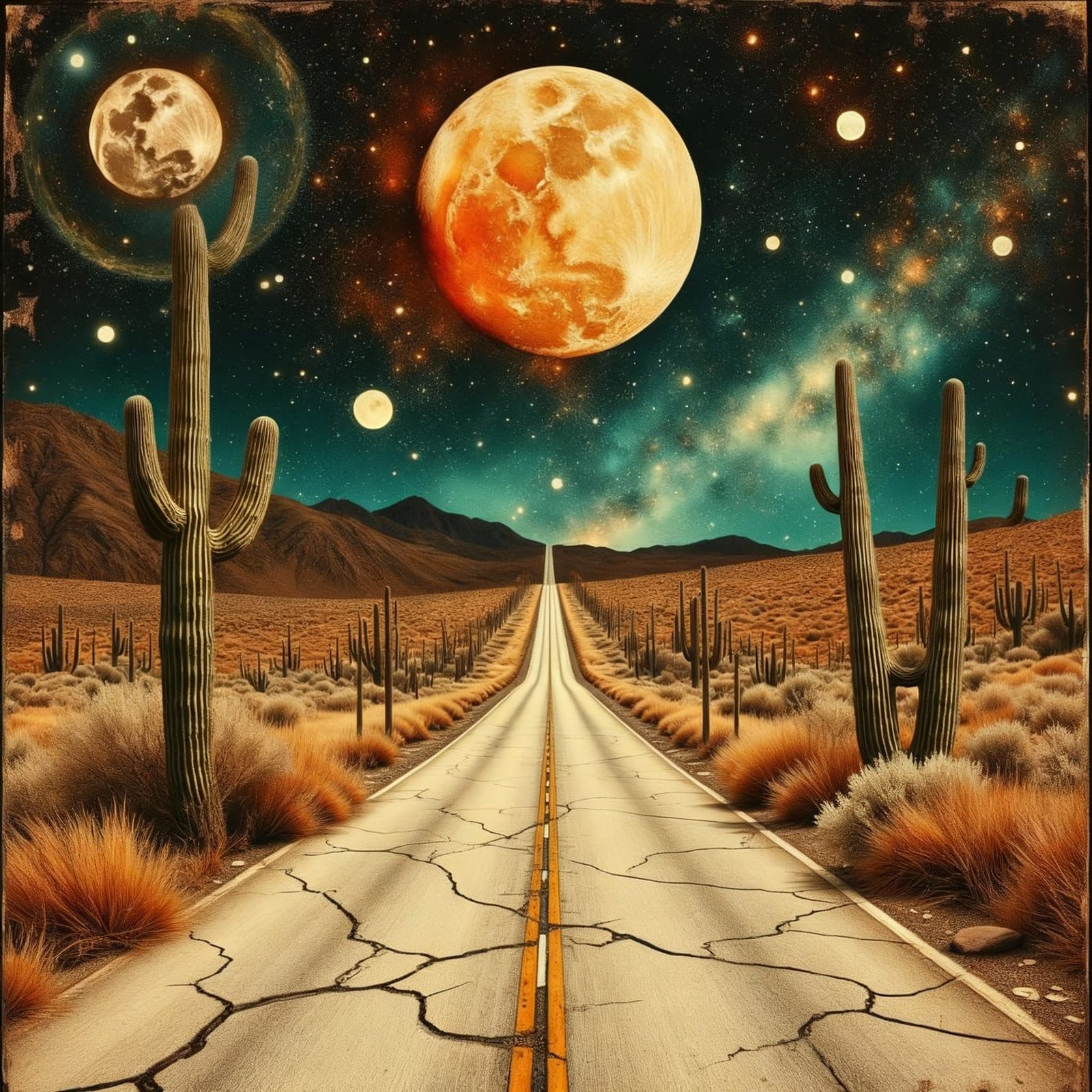 Surreal Desert Highway Collage with Retro-Futuristic Moon