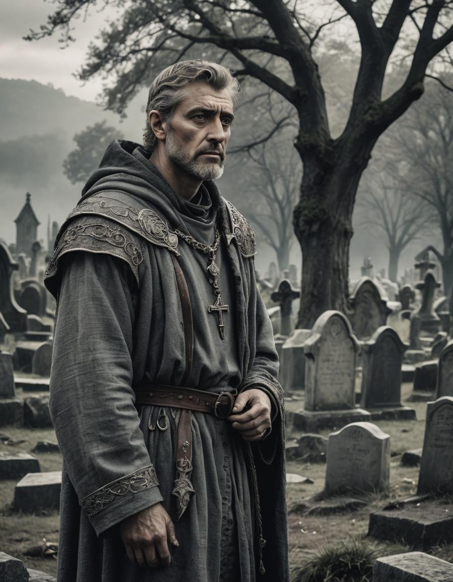 Stoic Man in Graveyard: Grayscale Medieval Fantasy