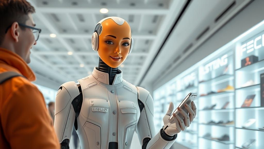 Friendly Robot Shop Assistant in Futuristic Store