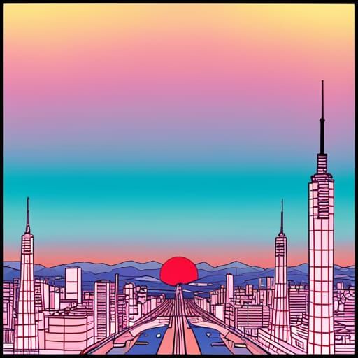 Japanese City Skyline in Modern Ukiyo-e Style