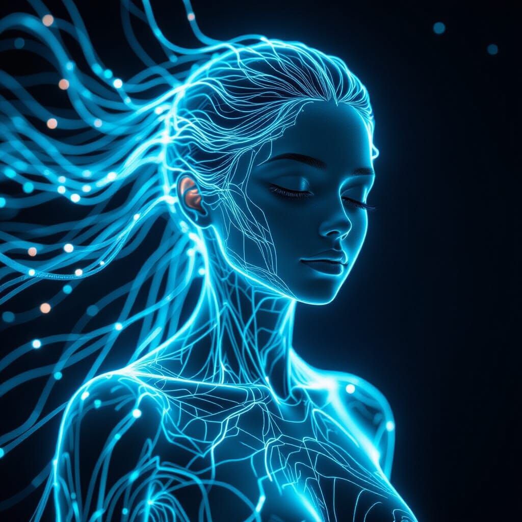 Ethereal Woman of Light and Neural Strands