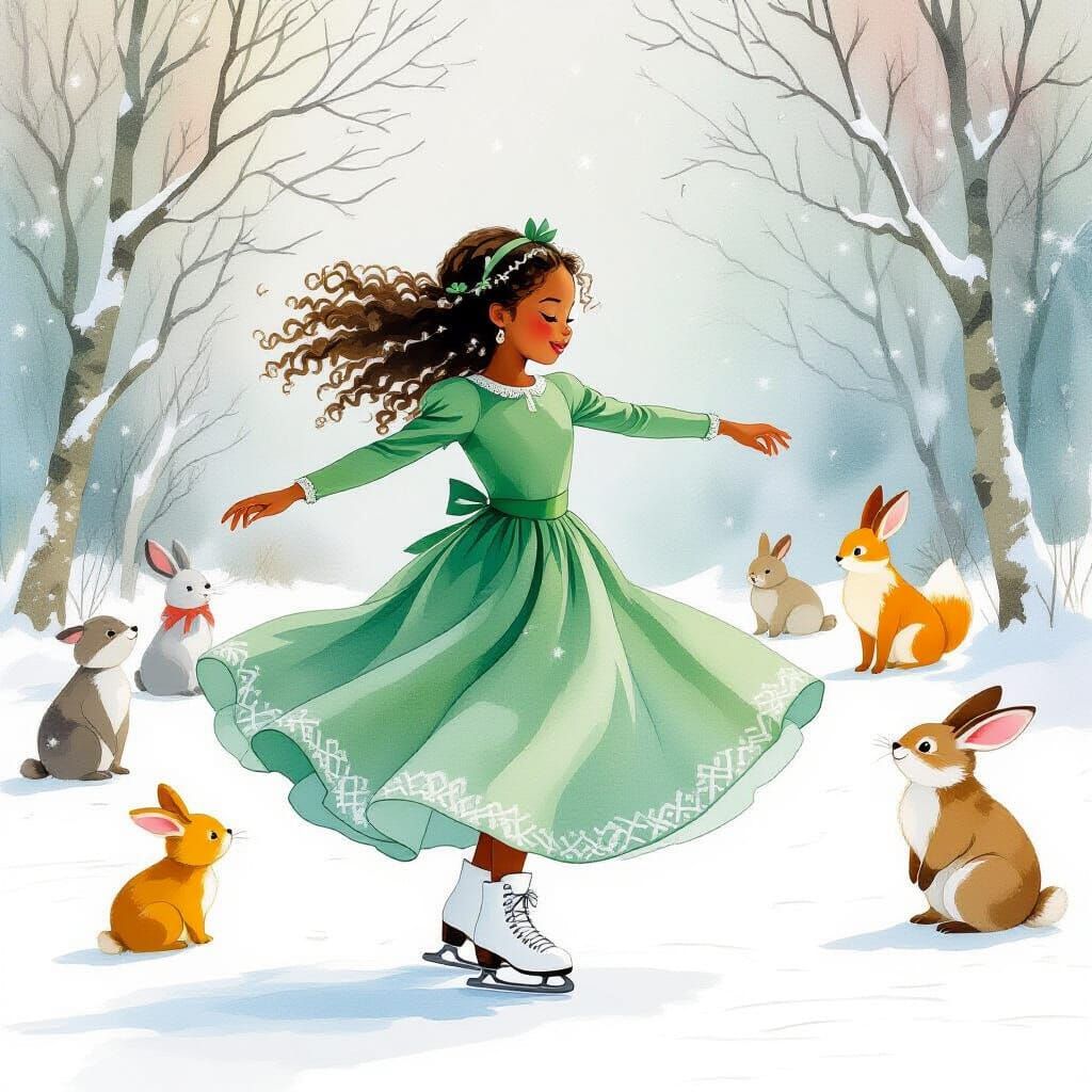 Girl Skating with Animals in Whimsical Watercolor Style