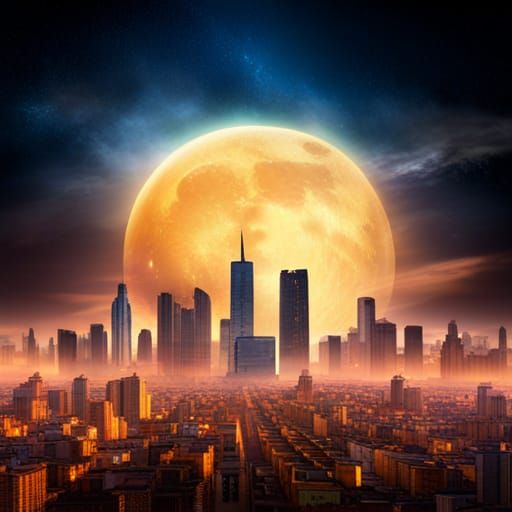 Epic Moonlit Cityscape with Nebula in Digital Art