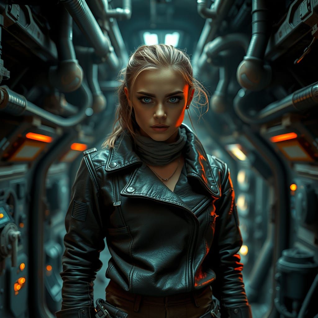 Brooding Woman on Spaceship Interior in Cinematic Style